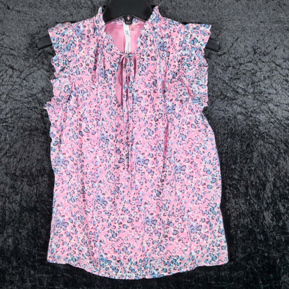 NY Collection Pink Leopard Ruffle Neck Sleeveless Blouse PCCU0518 Womens PS NEW - Picture 2 of 7
